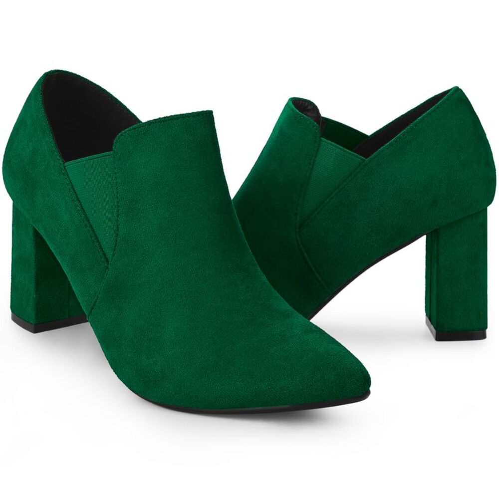 Pointy Toe Slip on Chunky Heels Chelsea Ankle Booties Dark Green